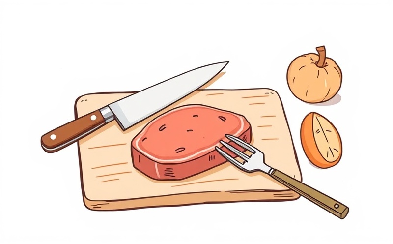 Essential steak cutting tools including sharp knife, cutting board, and meat fork arranged for cooking