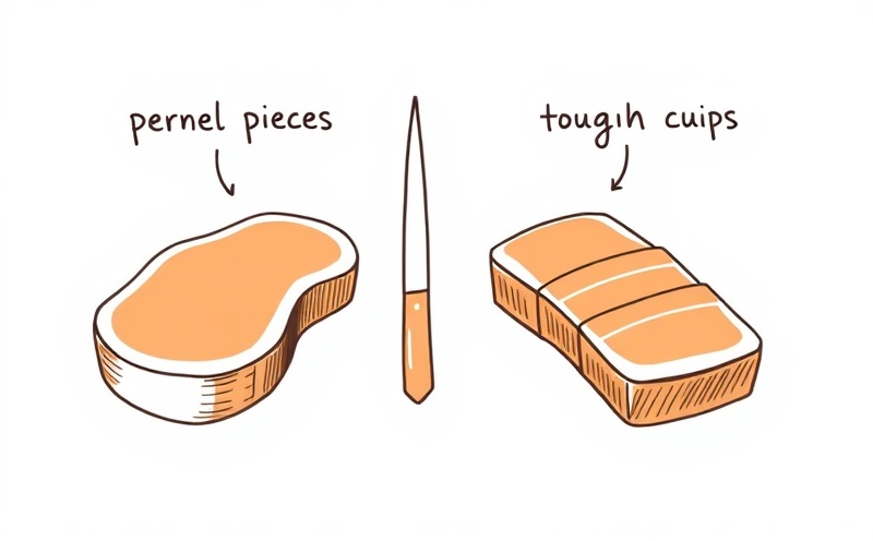 Visual comparison of cutting against the grain versus with the grain showing texture differences