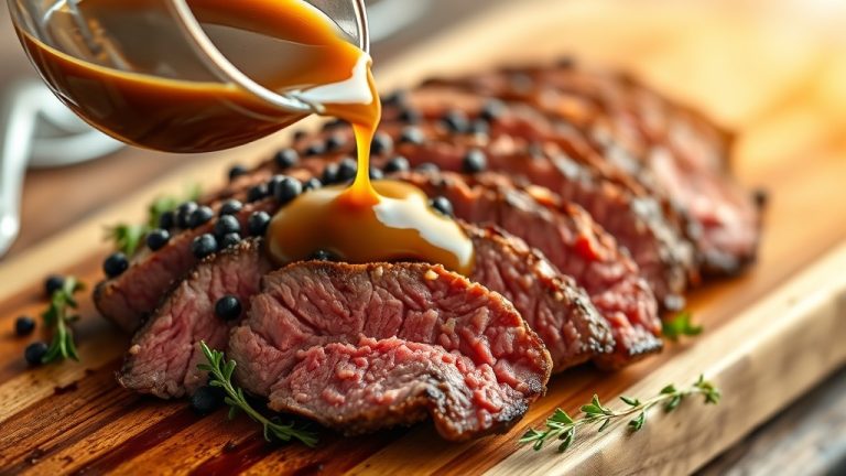 Creamy peppercorn sauce poured over sliced medium-rare steak
